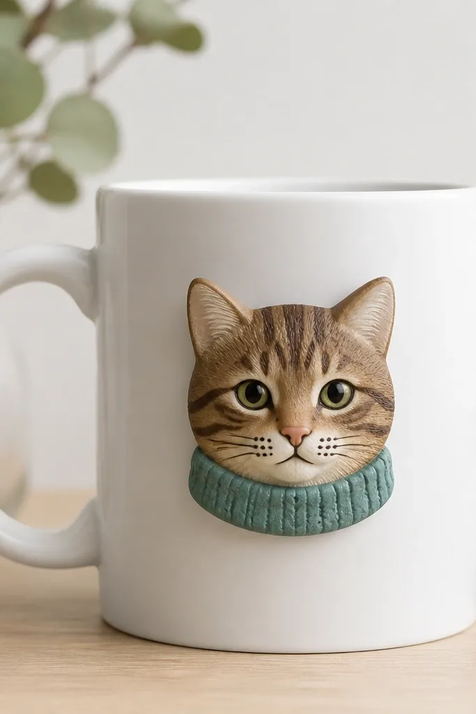 A white mug with a raised polymer clay tabby cat head centered on the front. The cat has brown stripes, a peach nose, and tiny whiskers drawn in black. Around the bottom edge of the clay, a small sweater cuff in muted teal wraps like a collar, with a stitched line texture.