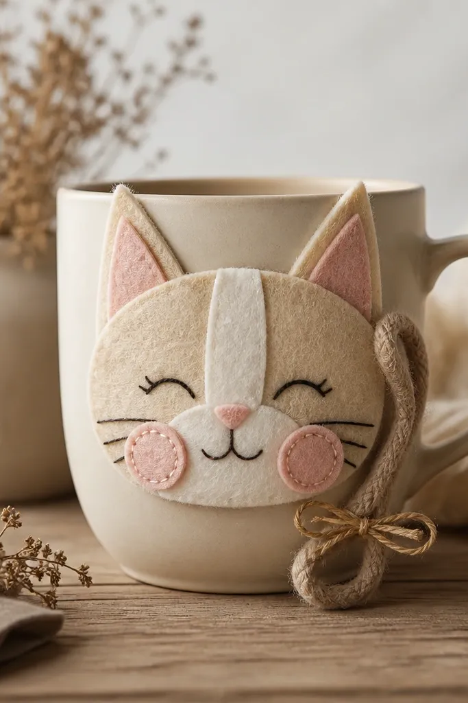 A light beige mug with a layered felt cat face. The ears are slightly taller than the head, the cheeks are a soft pink circle, and the eyes are stitched in black thread. A yarn tail curls down the side near the handle, with a small bow made from twine.