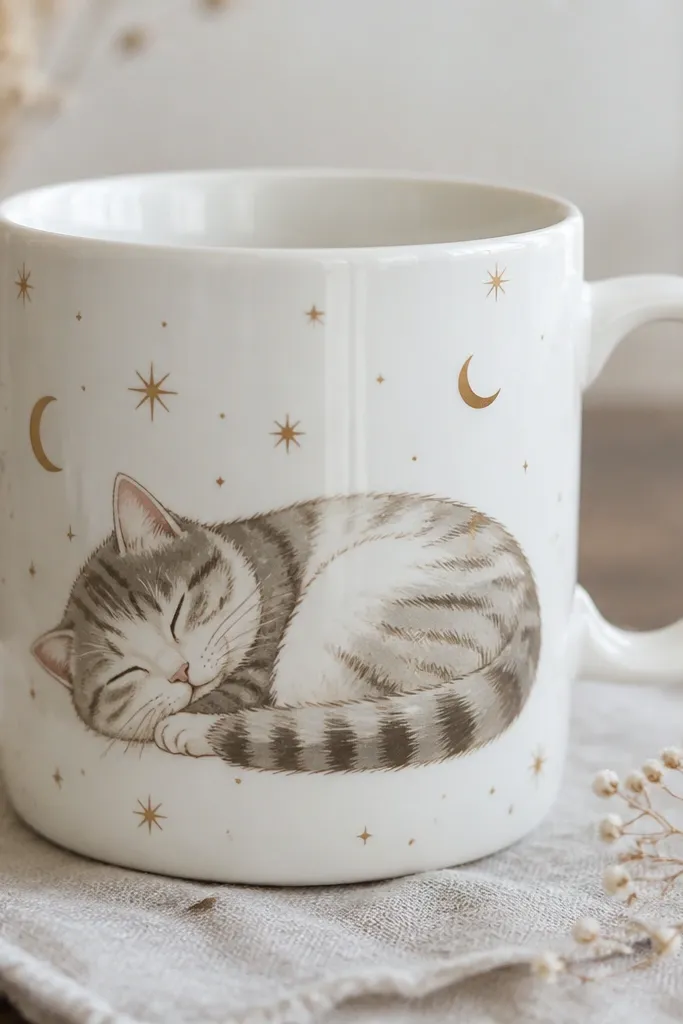 A glossy white mug decorated with a decoupage sleepy cat illustration. The cat is lying curled, eyes closed, with small moon shapes and tiny star dots scattered around. A clear sealed finish makes the paper look like it's printed directly on the mug.
