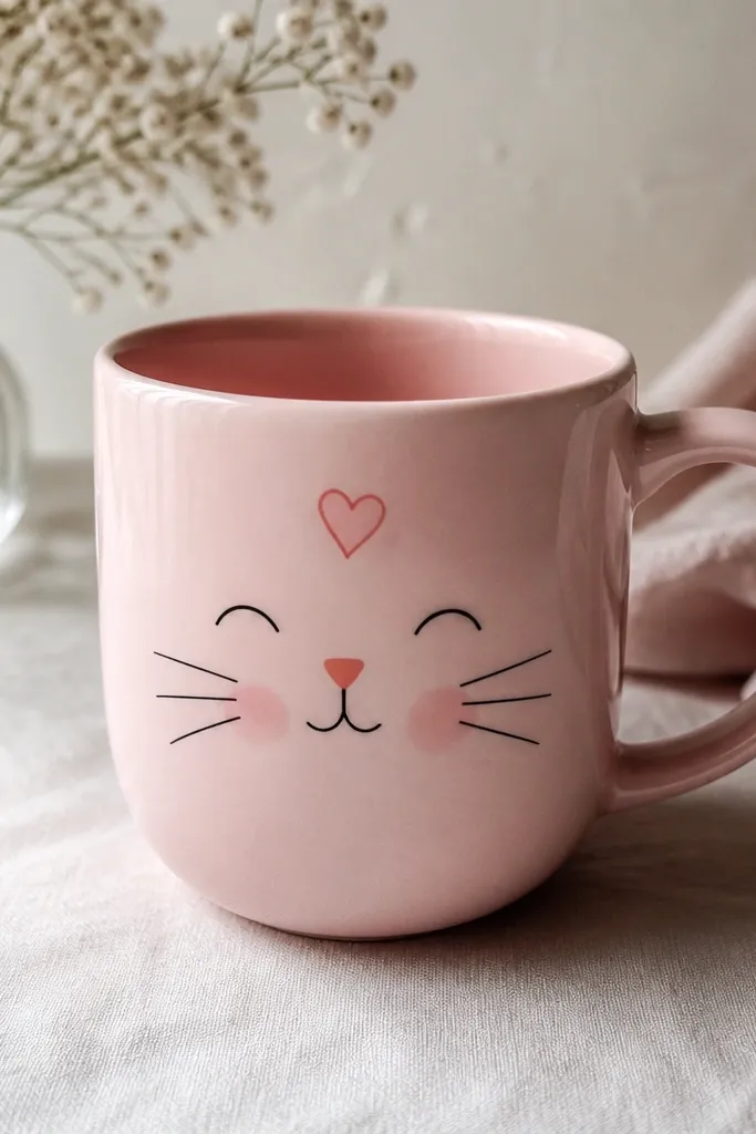 A pastel pink mug with a simple cat face drawn in glossy glaze pen. The whiskers are thin black lines, the nose is a small coral triangle, and the cheeks are two faint blush circles. The cat sits under a hand-drawn little heart shape.