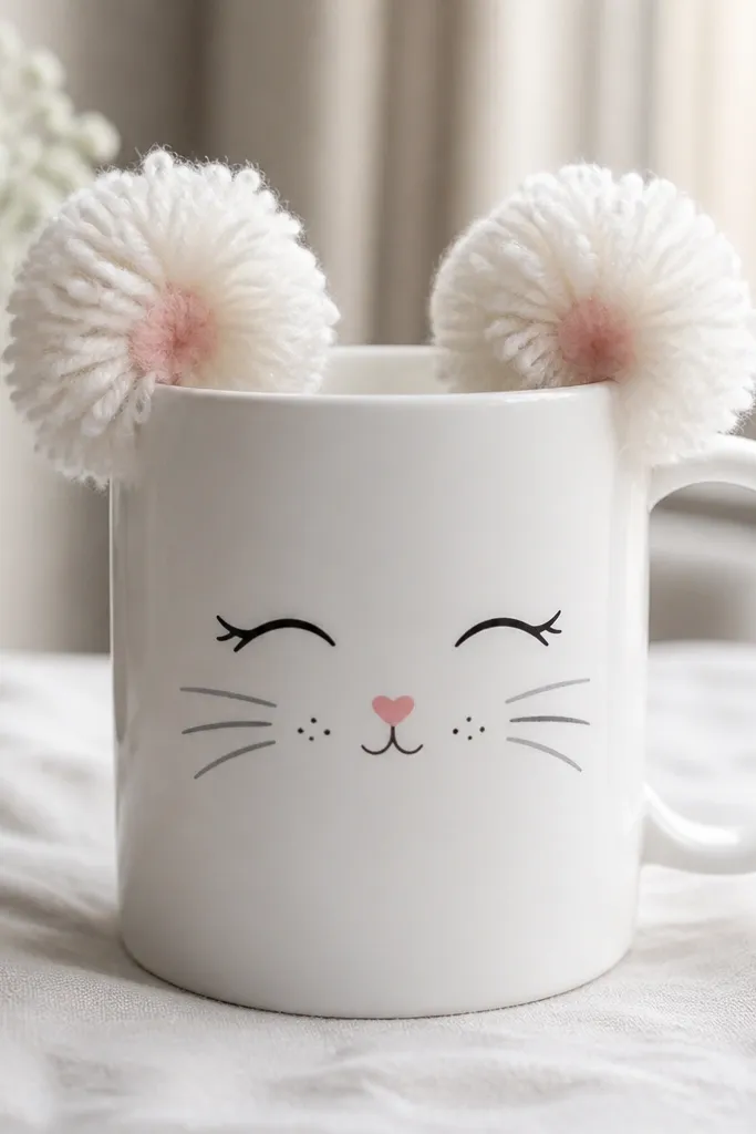A plain white mug with two fluffy yarn pom-pom cat ears mounted above the handle line. The cat face is painted simply in black and gray, with a small pink nose. The yarn ears look airy and soft, with a slight curl at the tips.
