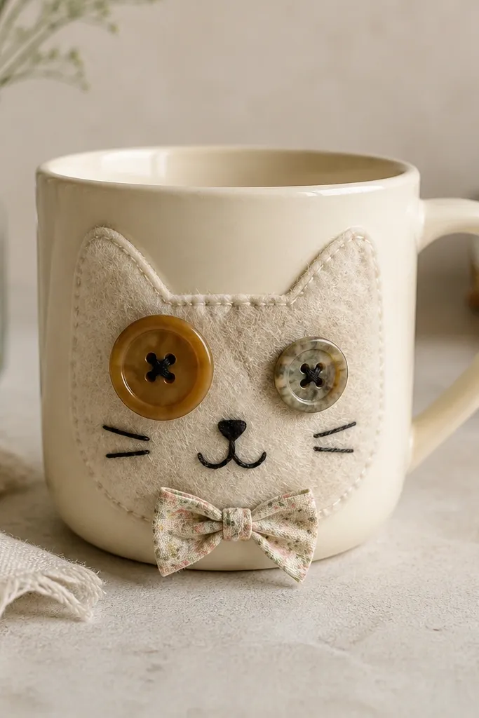 A cream mug decorated with a felt cat face. Two mismatched vintage buttons form the eyes, one slightly larger with a glossy finish. The mouth is a stitched black line with a tiny curve. A small scrap bow sits under the chin.