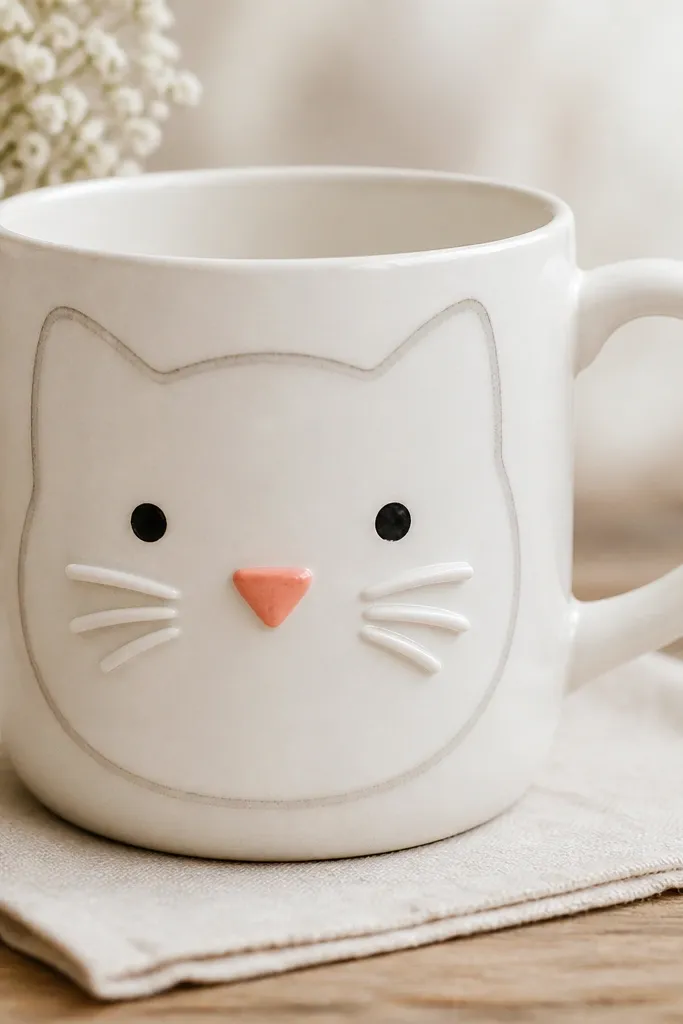 A white mug with a subtle cat face made from polymer clay details. The nose is a raised coral triangle, and the whiskers are tiny curved clay lines on each side. The eyes are painted matte black, with a soft gray outline around the face.