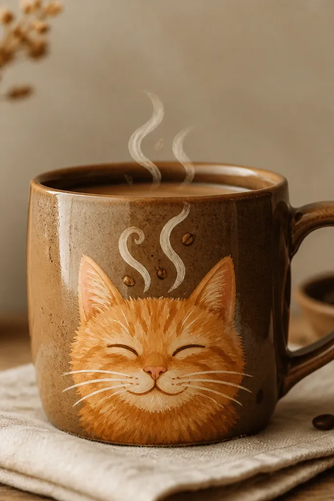 A warm brown ceramic mug painted with an orange ginger cat face. The whiskers are white strokes, and two steam curls rise above the head like little S-shapes. There are tiny coffee bean dots near the steam.