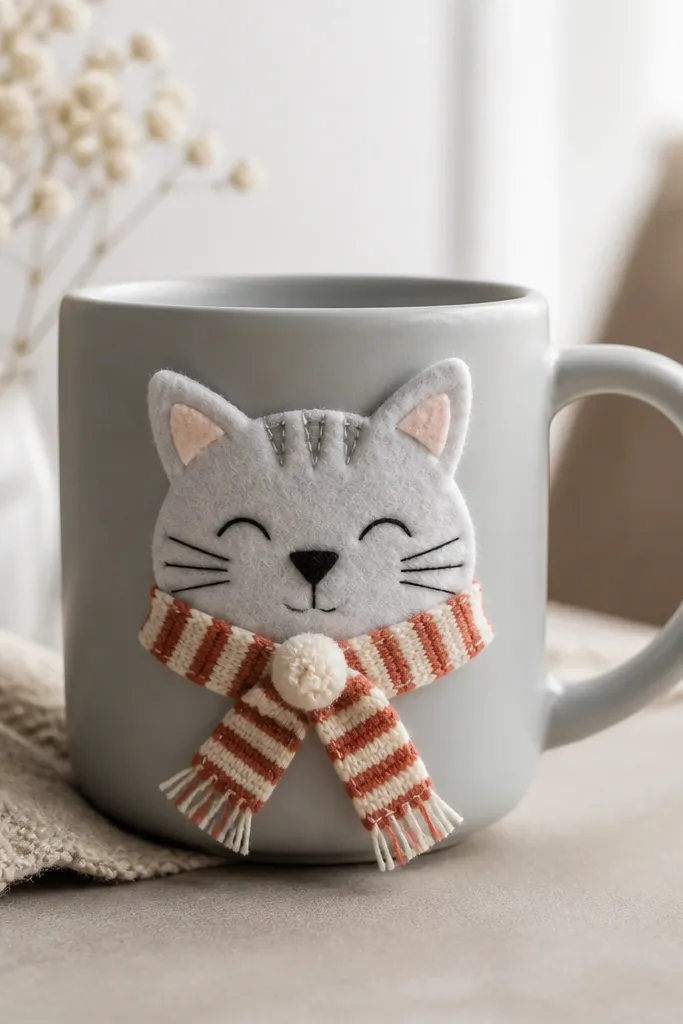 A light gray mug with a felt cat face wearing a scarf. The scarf is a red-and-cream striped ribbon with short fringe ends. The cat has embroidered eyes and a tiny yarn pom on the scarf knot.