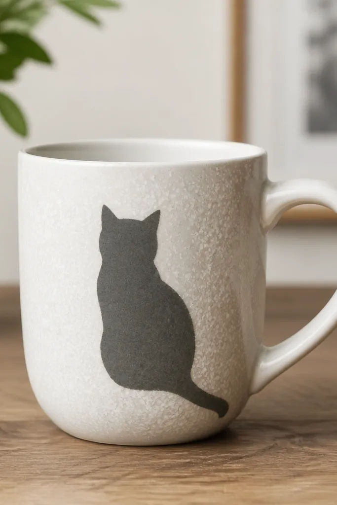 A white mug with a dark gray cat silhouette stencil on the front. Around the silhouette is a speckled pattern made from a sponge, with tiny off-white dots. The cat's tail curves down toward the handle.