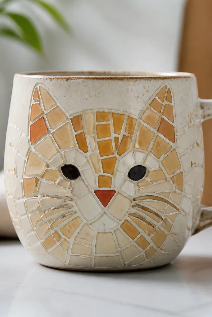 A ceramic mug with a mosaic cat face. Small broken tile pieces create the fur pattern in cream, tan, and muted orange. The eyes are two darker tile bits, and the nose is a tiny triangular tile. The surface looks like a miniature stained-glass cat.