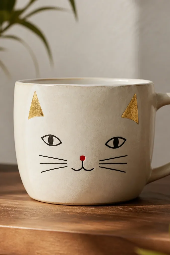 A thrifted mug with a matte glaze. The cat ears are made from thin gold foil shaped like triangles, glued above a simple black cat face drawn with a permanent marker. The whiskers are crisp lines, and the nose is a small red dot.