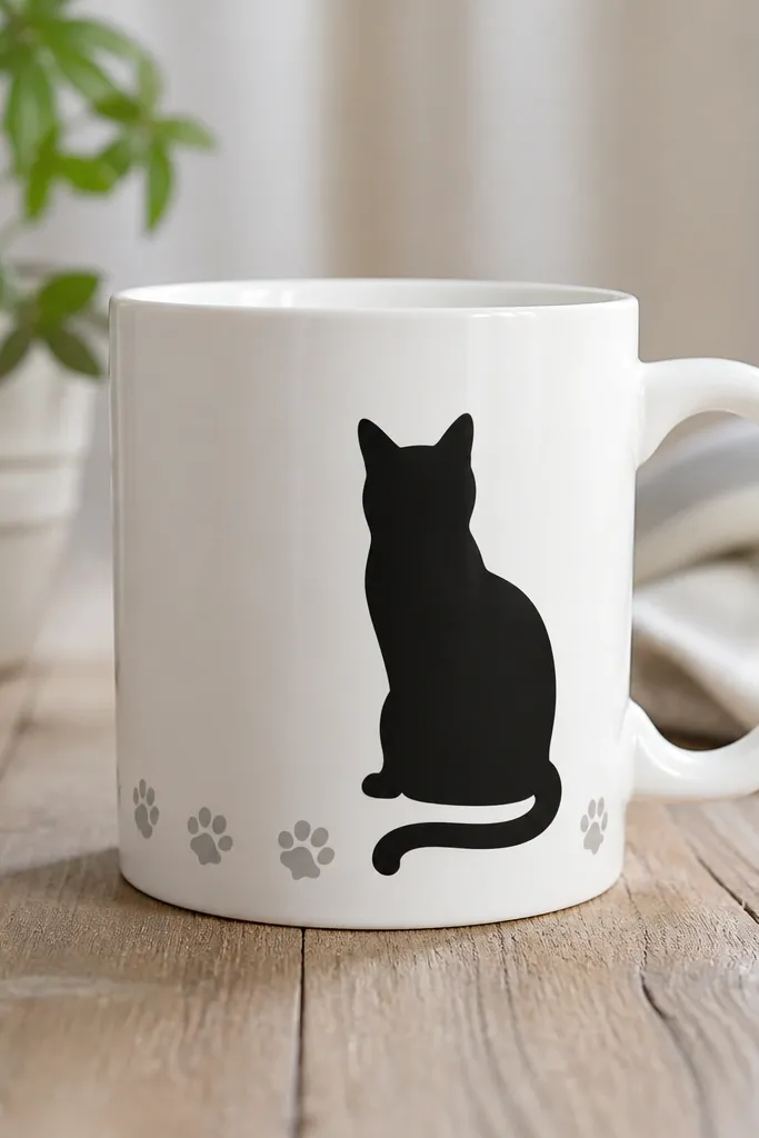 A white mug with a black cat silhouette made from heat-transfer vinyl. Around the bottom front edge is a hand-painted paw print border in light gray. The cat sits slightly above the border, aligned with the handle.