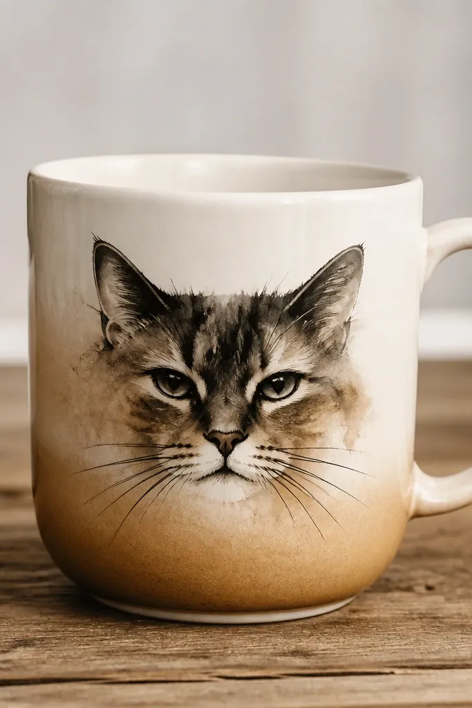 A tan ombre background on a white mug, like a coffee-stained gradient from top to bottom. On top sits a painted cat face in black and warm brown, with a slightly smudged watercolor look around the cheeks. The whiskers are fine and darker than the face.