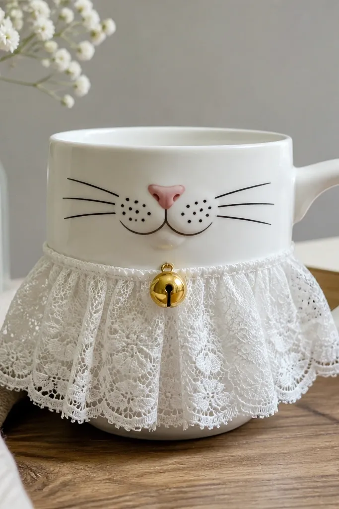 A white mug with a lace collar glued around the bottom of a painted cat chin area. The cat face is simple with black whiskers and a gold bell charm hanging at the center. The lace has a delicate floral pattern and a slightly scalloped edge.