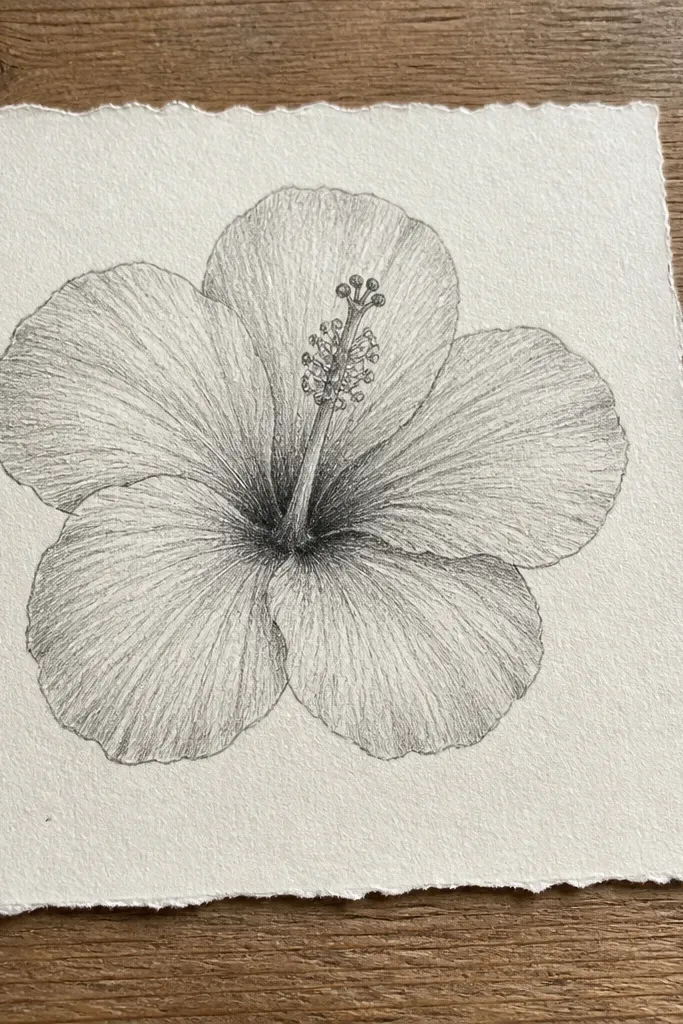 A hibiscus flower with soft pencil shading on lightly speckled paper