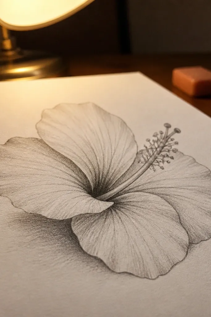 A side-facing hibiscus with one petal in front and soft shading on petals