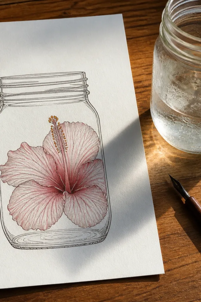 A hibiscus flower inside a simple jar outline with soft pencil shading