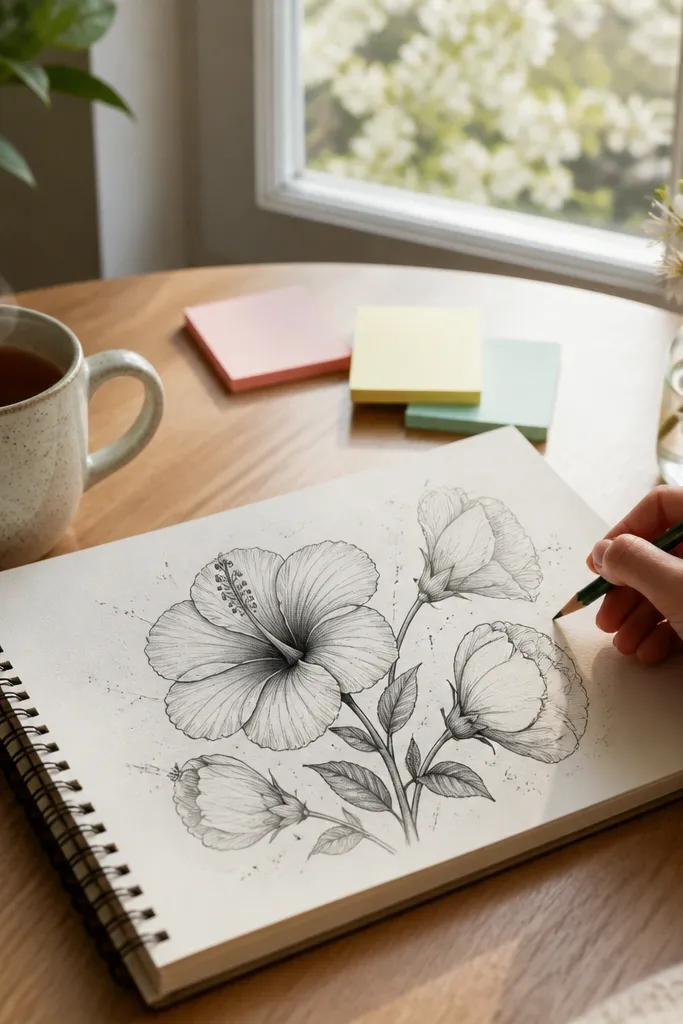 Three hibiscus flowers and two buds tied together with soft pencil shading
