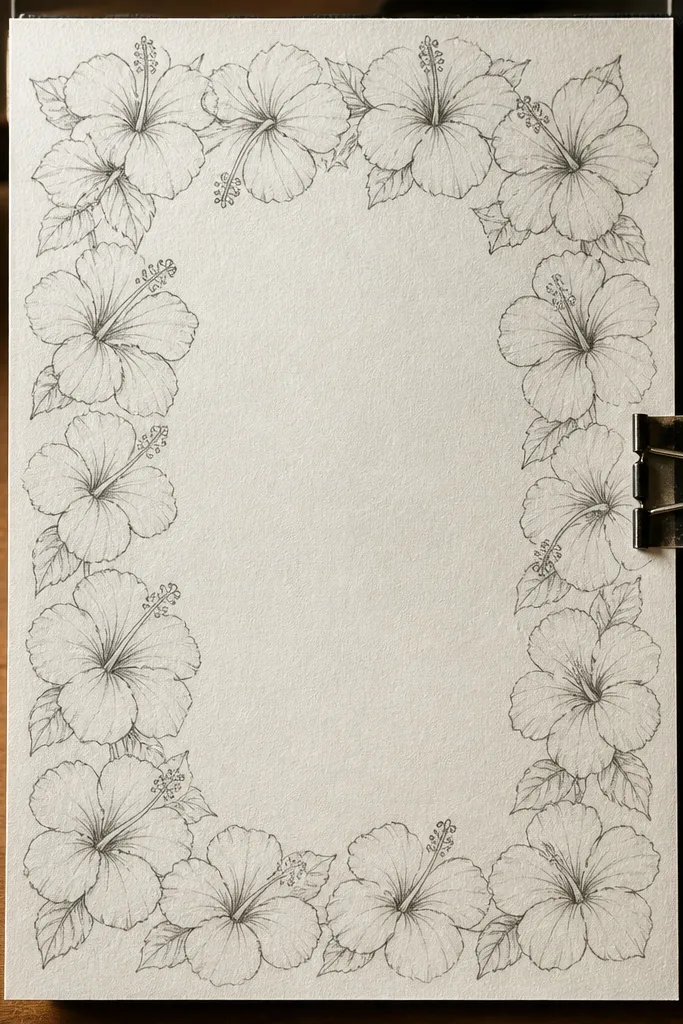 A repeating hibiscus border around the edge of a page with light shading