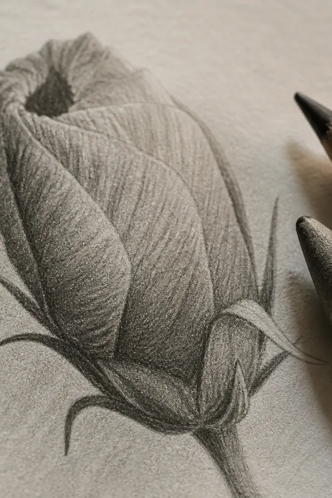 A partially opened hibiscus bud with a small center swirl and soft pencil shading