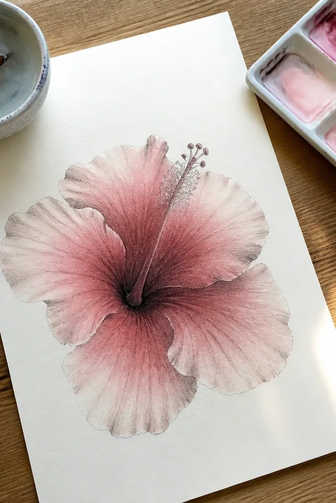 Hibiscus petals with light pencil wash shading and a defined center swirl