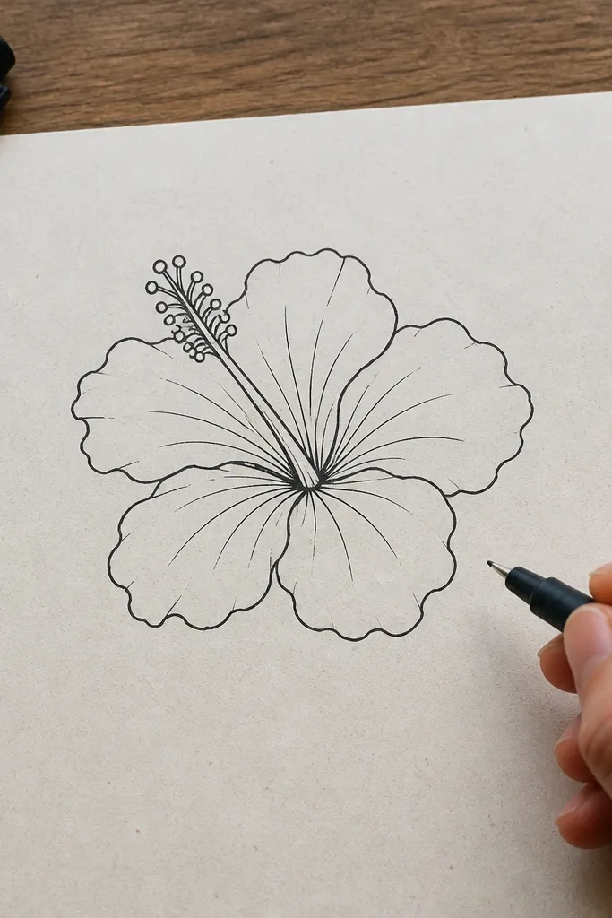A clean monoline hibiscus outline with light pencil center shading