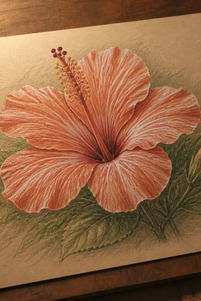 Hibiscus petals with white crayon highlights and pencil shading