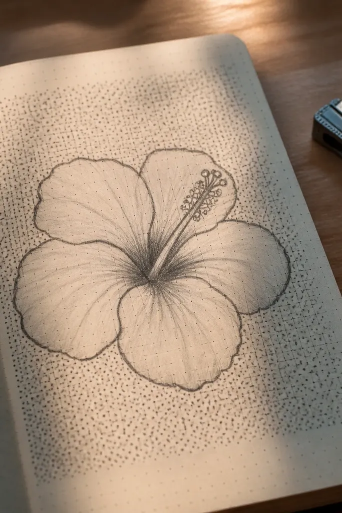 Hibiscus flower with scattered dot doodles around it and soft pencil shading