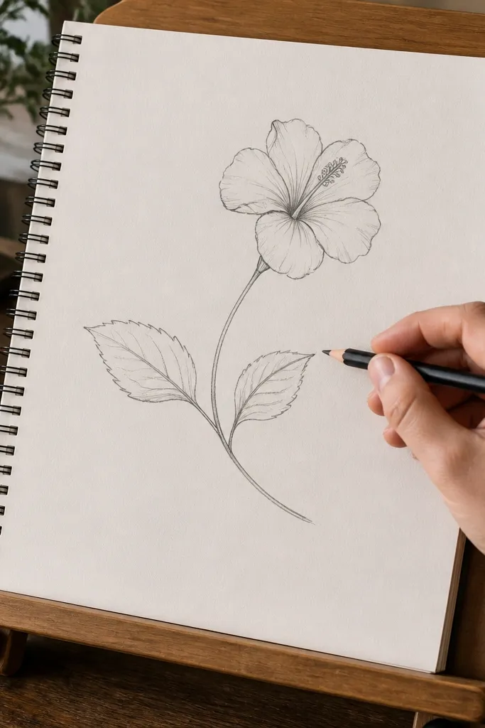 A hibiscus stem with two leaves and a small flower at the top with light shading