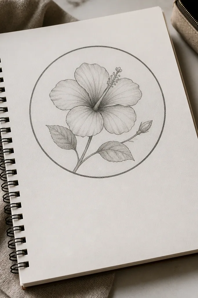 A hibiscus centered inside a circle frame with soft pencil shading