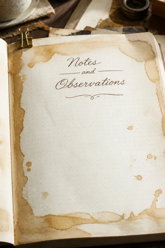 Coffee-stained border around a cream page with a brown gel-pen journal title