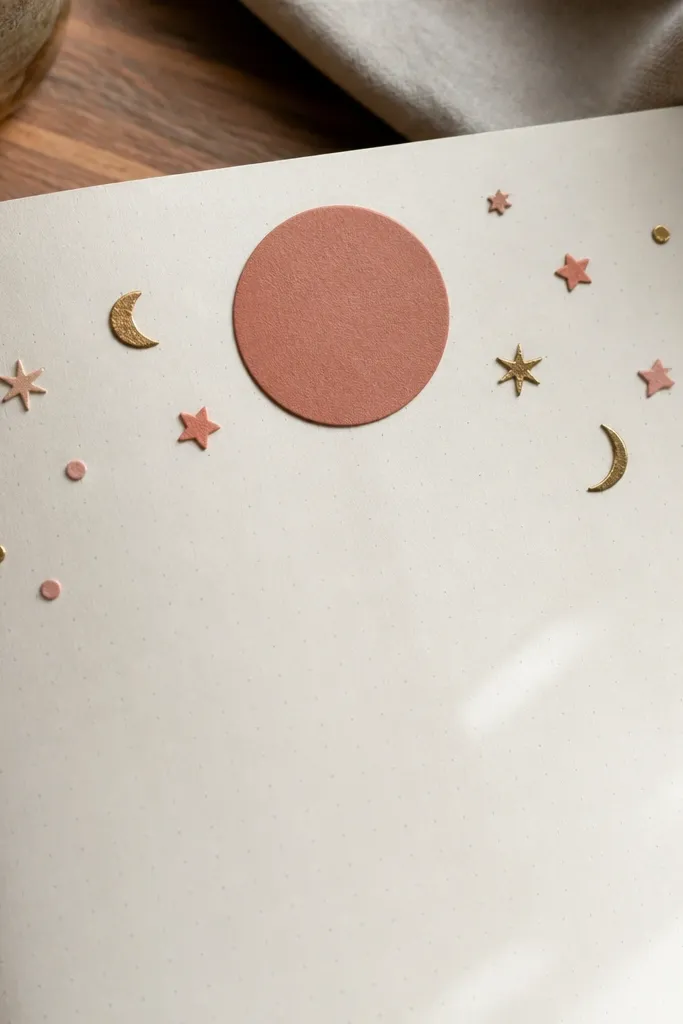 A paper circle title medallion with small star and plant stickers around it