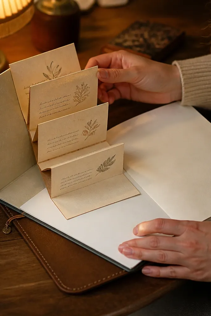 A small accordion-fold panel with three prompt lines on a journal page