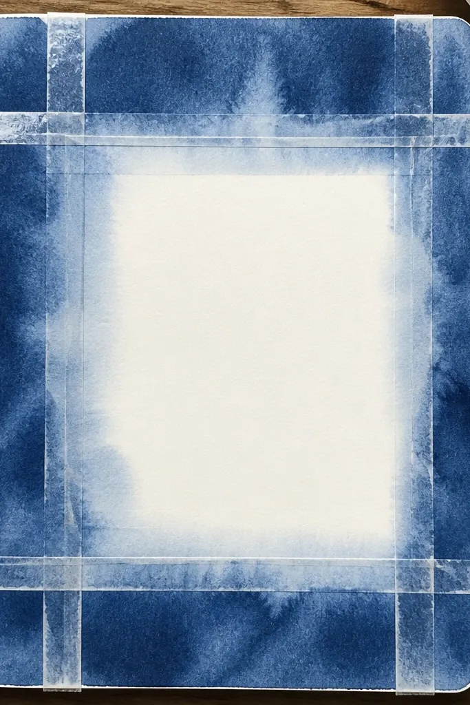 Soft ink bleed swirls framed by clear tape rectangles