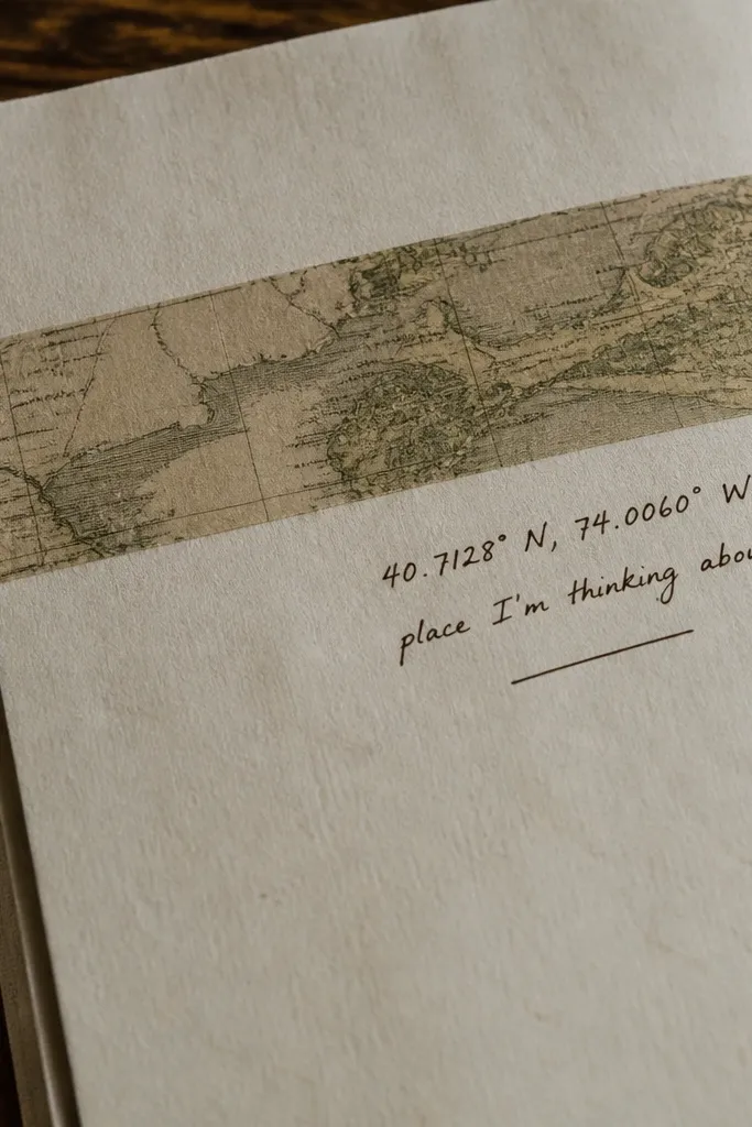 A vintage map strip border with handwritten coordinates and a cozy title