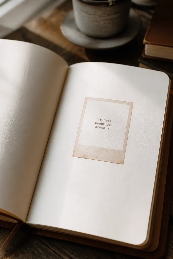 A stamped polaroid-style frame with a handwritten mini quote