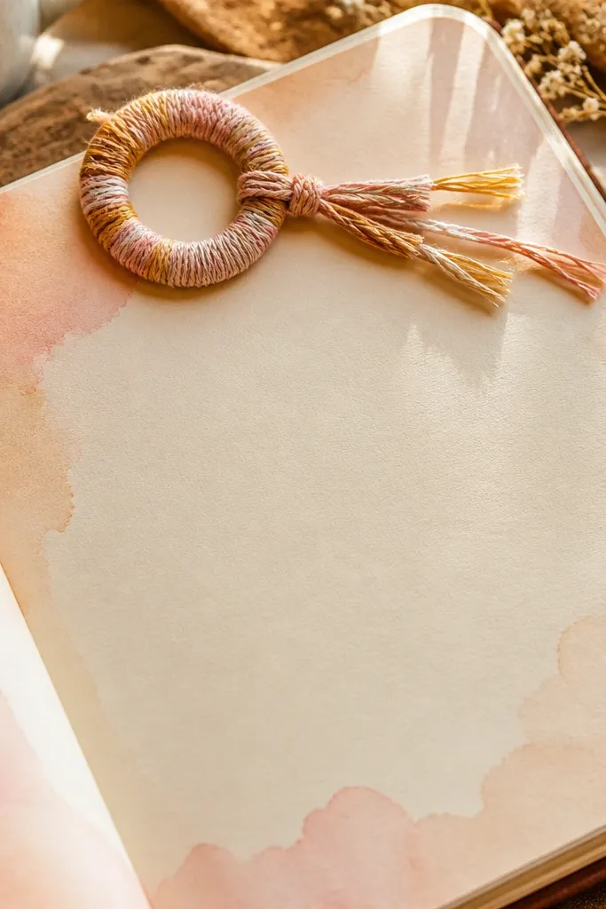 Soft watercolor wash with a thread-wrapped loop holding a title