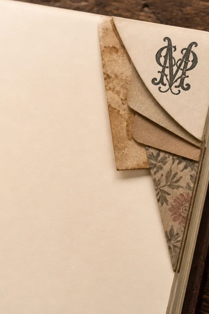 A corner paper tag with a monogram and a small layered scrap stack