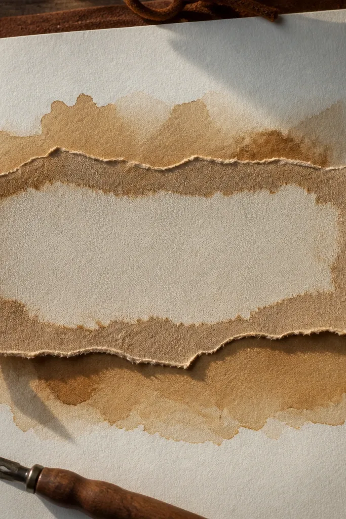 Torn kraft paper strip over a light page with a warm brown header