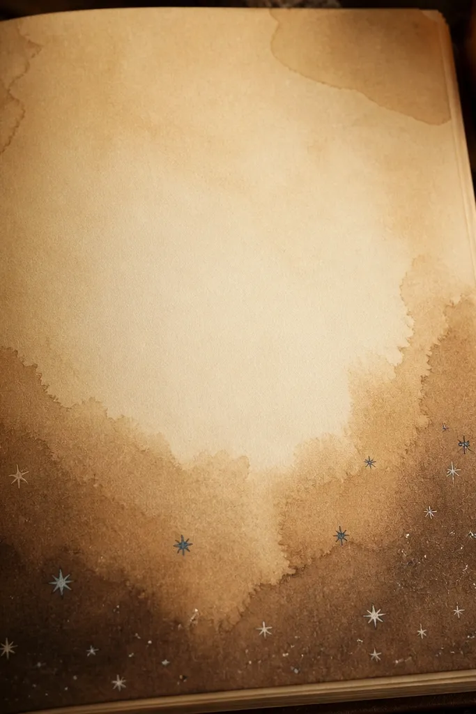 Light page with a tea-stain brown gradient and a few white gel pen stars