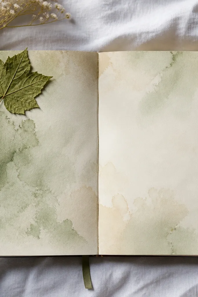 A small pressed leaf in one corner with a pale watercolor wash behind it