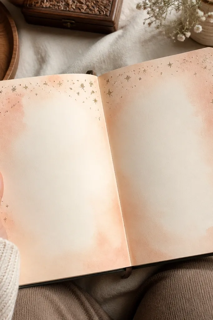 Soft peach blush background with tiny doodle sprinkles and a clean text area
