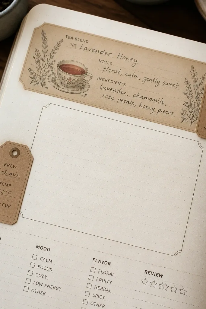 Mini label tags with tea-themed writing around a central text block