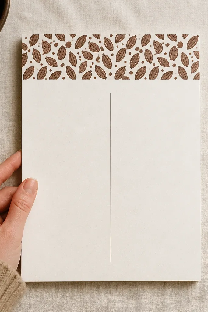 Header area with repeated cocoa-bean doodle dots and a clear writing line