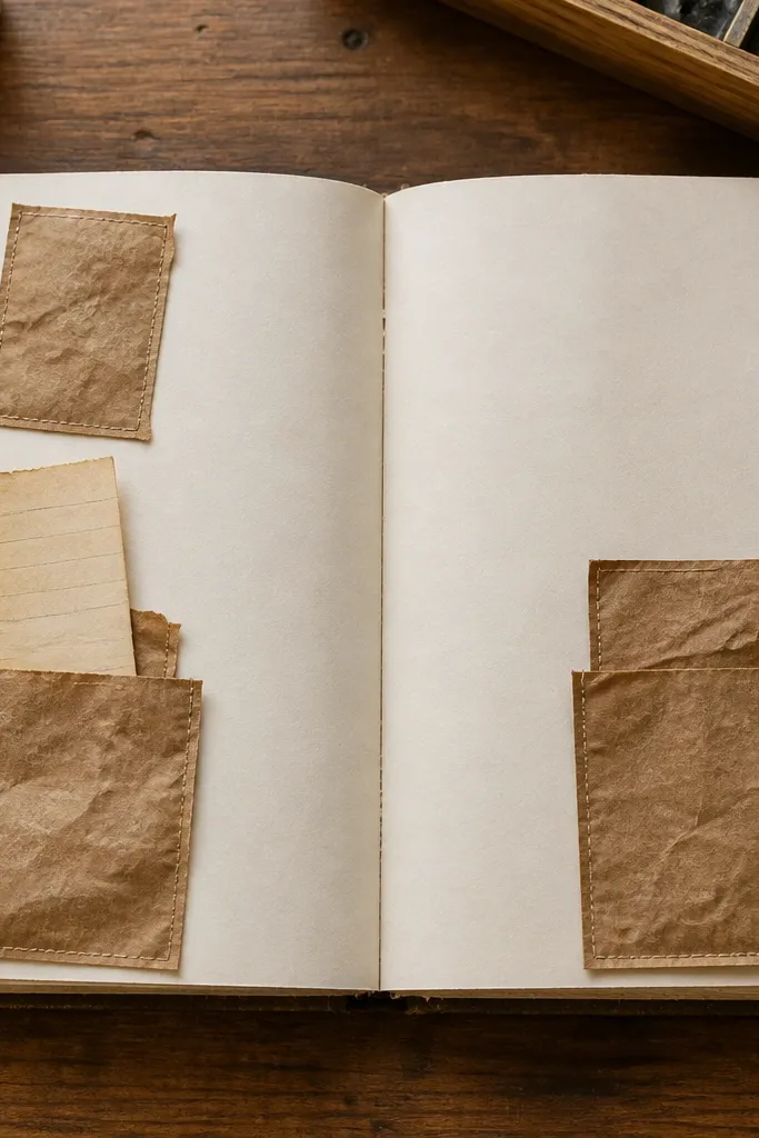 Small brown paper pockets on a journal page with a neat writing area