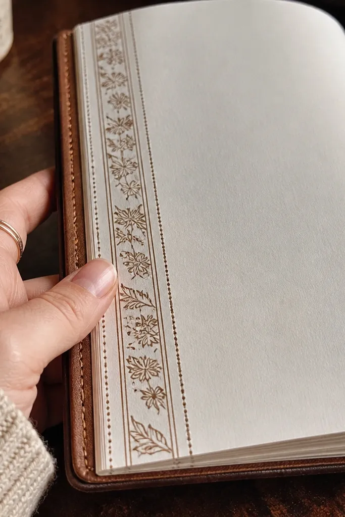 Vertical title strip like a book spine with dotted page-edge accents