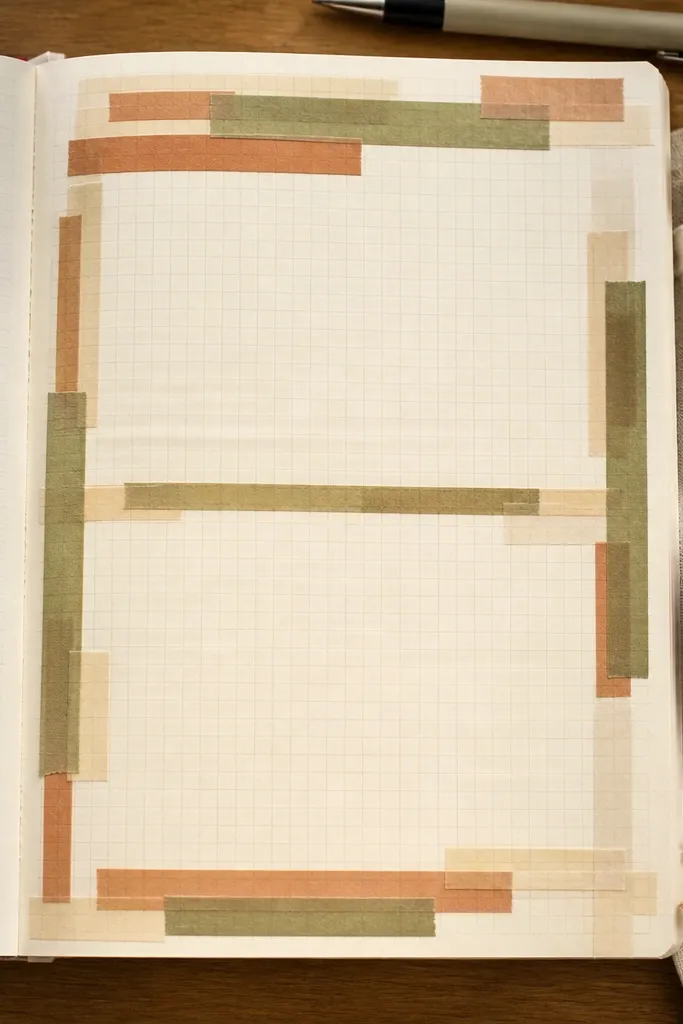Washi tape layers over a faint grid with a cozy warm palette
