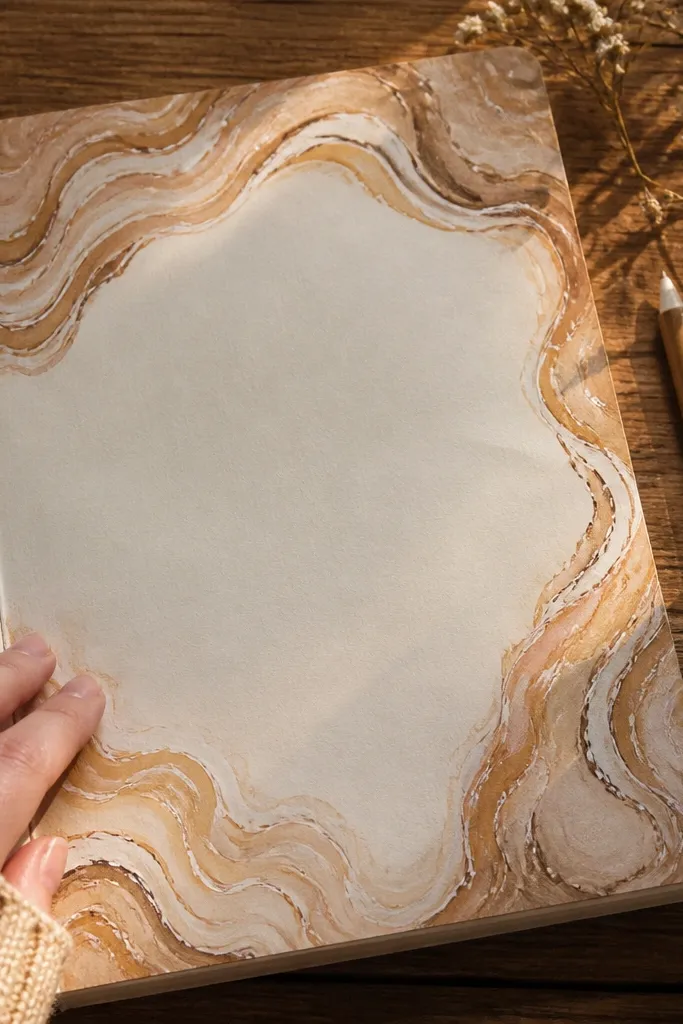 Warm marble-like background with swirling pastel lines and white gel highlights