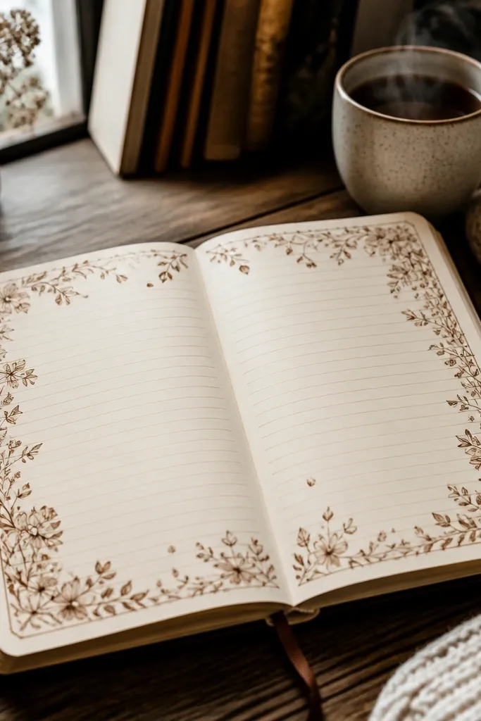 Single-color floral border around a writing block with warm paper background