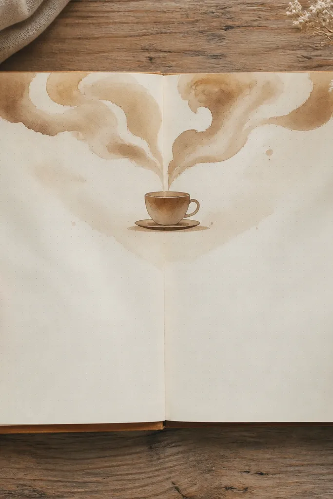 Minimal tea cup silhouette with oversized steam curls above a writing title