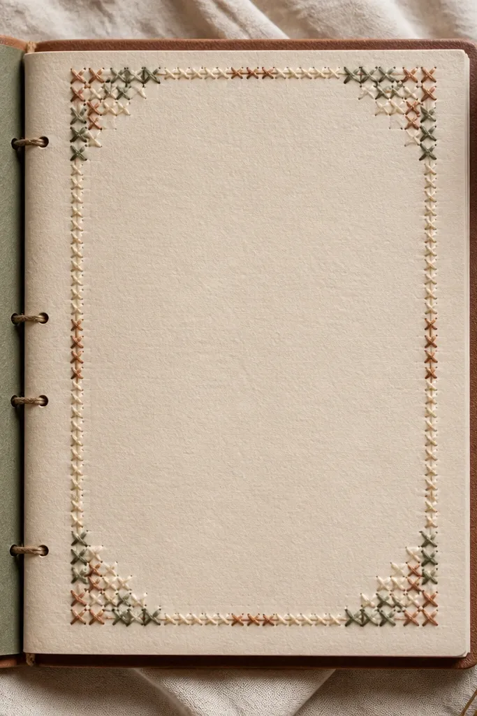 Cross-stitch style corner border drawn with thread-like colored lines