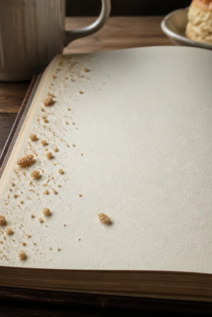 Tiny crumb-like dots scattered near the margin with a clean center