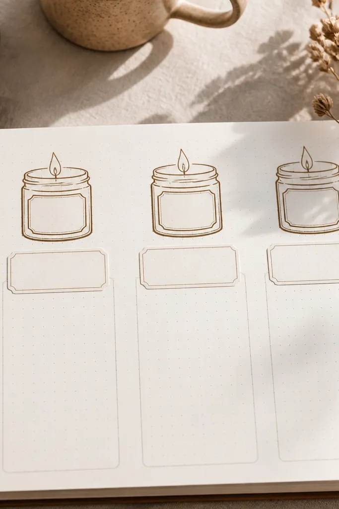 Three stacked candle jars drawn in warm tones with label text areas